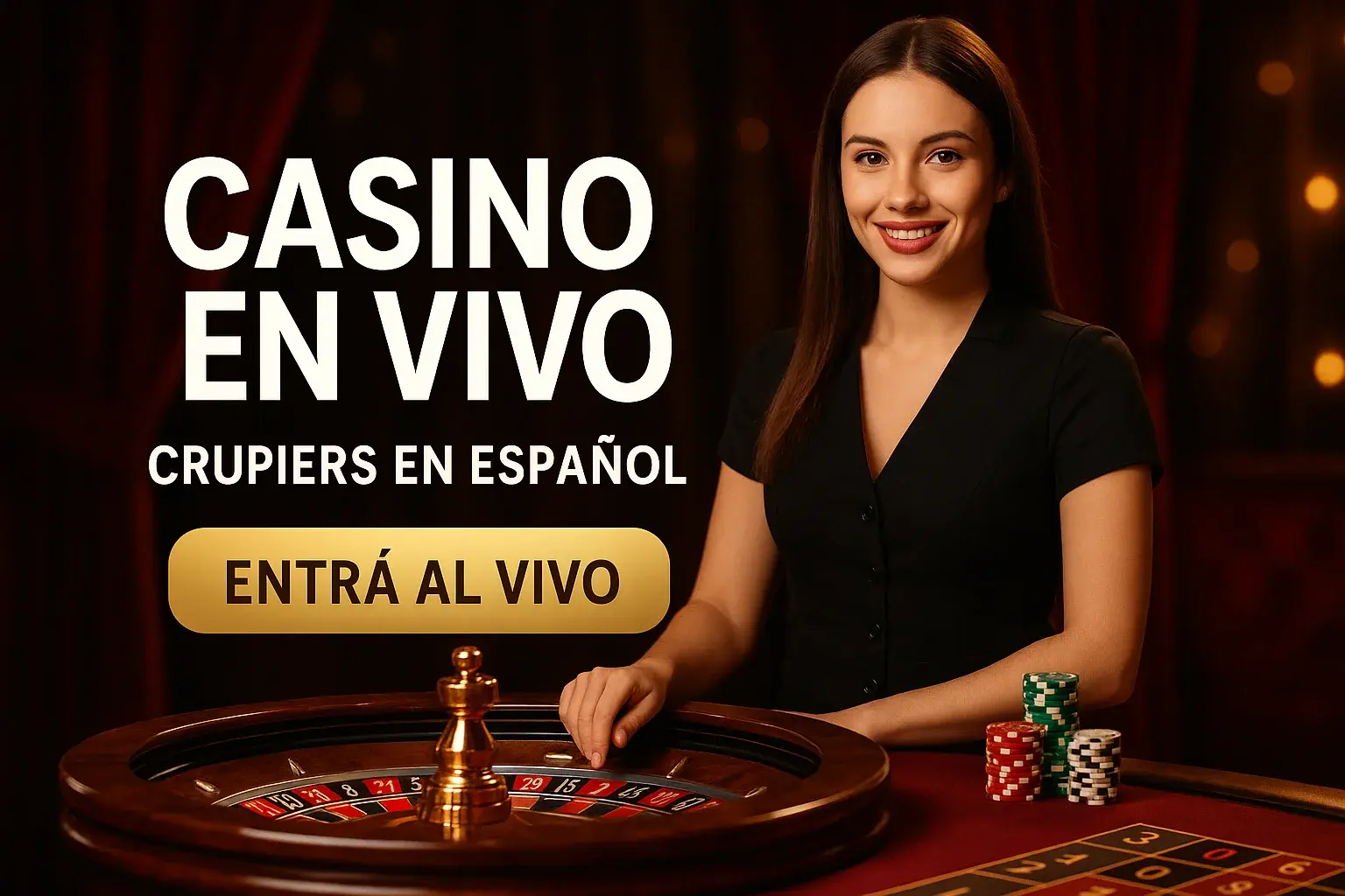 Banner casino en vivo con crupier en español, ruleta y botón Entrá al vivo