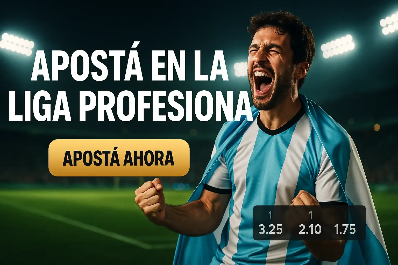 Banner casino con hincha argentino celebrando y botón Apostá Ahora
