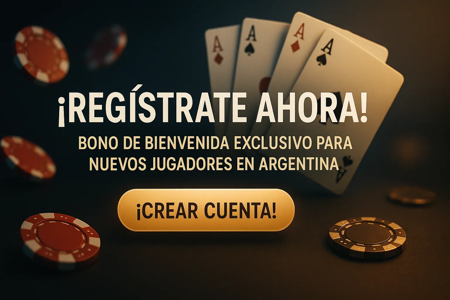 Banner de casino con fondo oscuro, bonus de bienvenida y botón Crear Cuenta