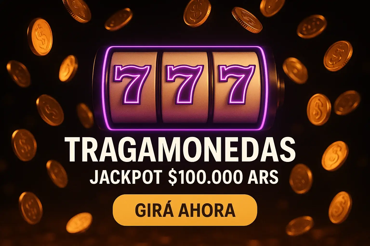 Banner de tragamonedas con neón morado y dorado, jackpot 777 y botón Girá Ahora